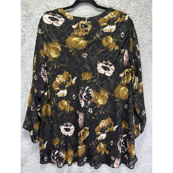 Susan Graver 1X Top Black Gold Floral Chiffon Long Balloon Slv Textured Boho - Picture 3 of 11